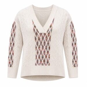 Room 34 Cream Cable Knit V-Neck Sweater Diamond Lattice Wool Blend XS cottage